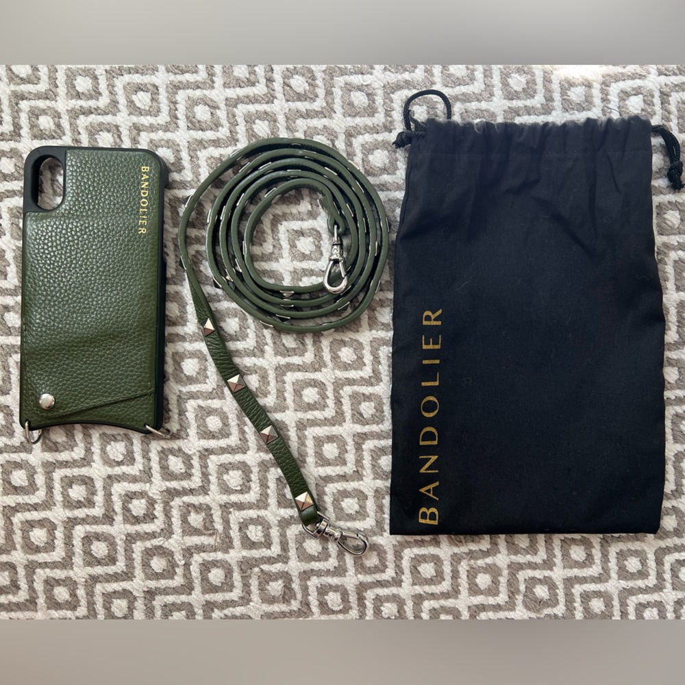 Bandolier Olive Green Leather Phone Case with Studded Strap.